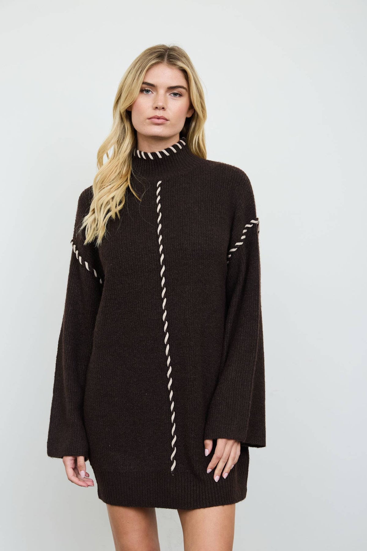 MOCK NECK SWEATER DRESS BROWN