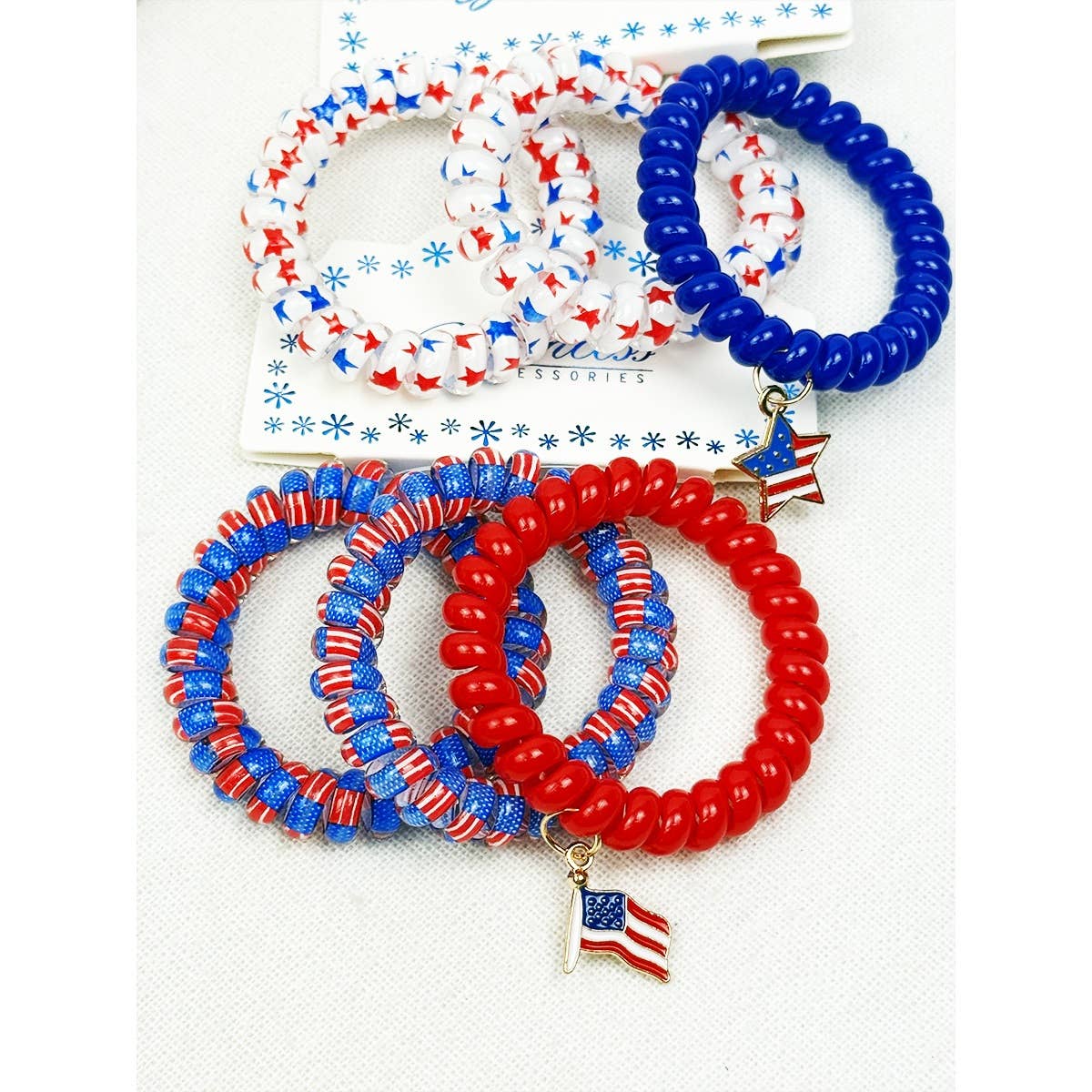 USA Charm Phone Cord Hair Tie Set: MIX COLOR / ONE(12)
