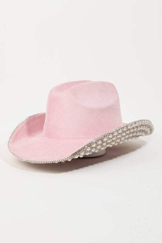 Pave Rhinestone Pearl Trim Cowboy Hat Pink
