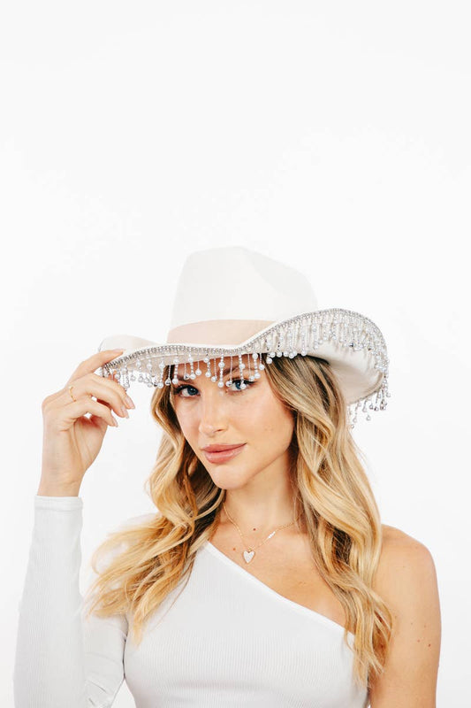 Pearl Rhinestone Fringe Trim Cowboy Hat