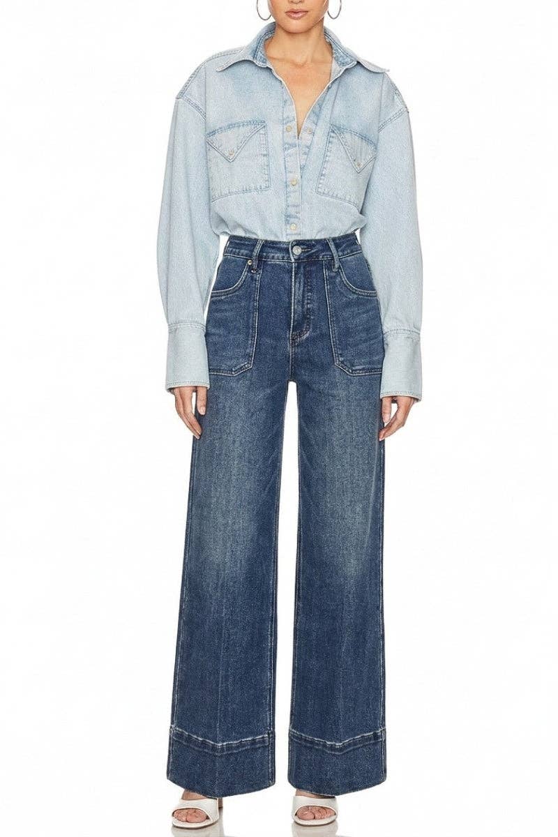HIGH RISE TUMMY CONTROL SLIM PALAZZO JEANS: Dark wash / 5 (26)