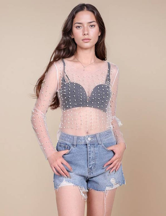 Pearl Rhinestone Studded See Through Mesh Top