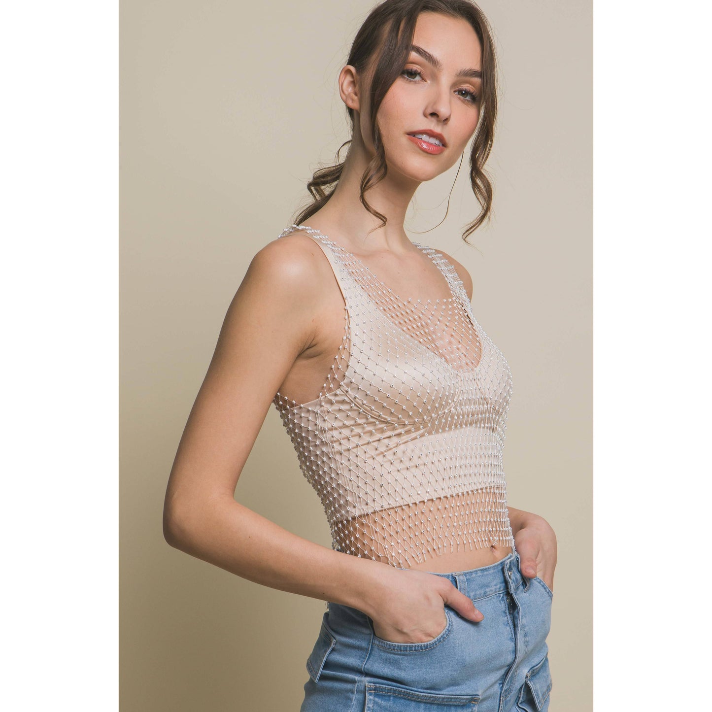 Rhinestone Mesh Top White