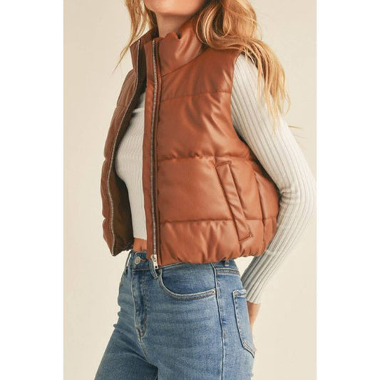 FAUX LEATHER ZIP UP PUFFER VEST BROWN