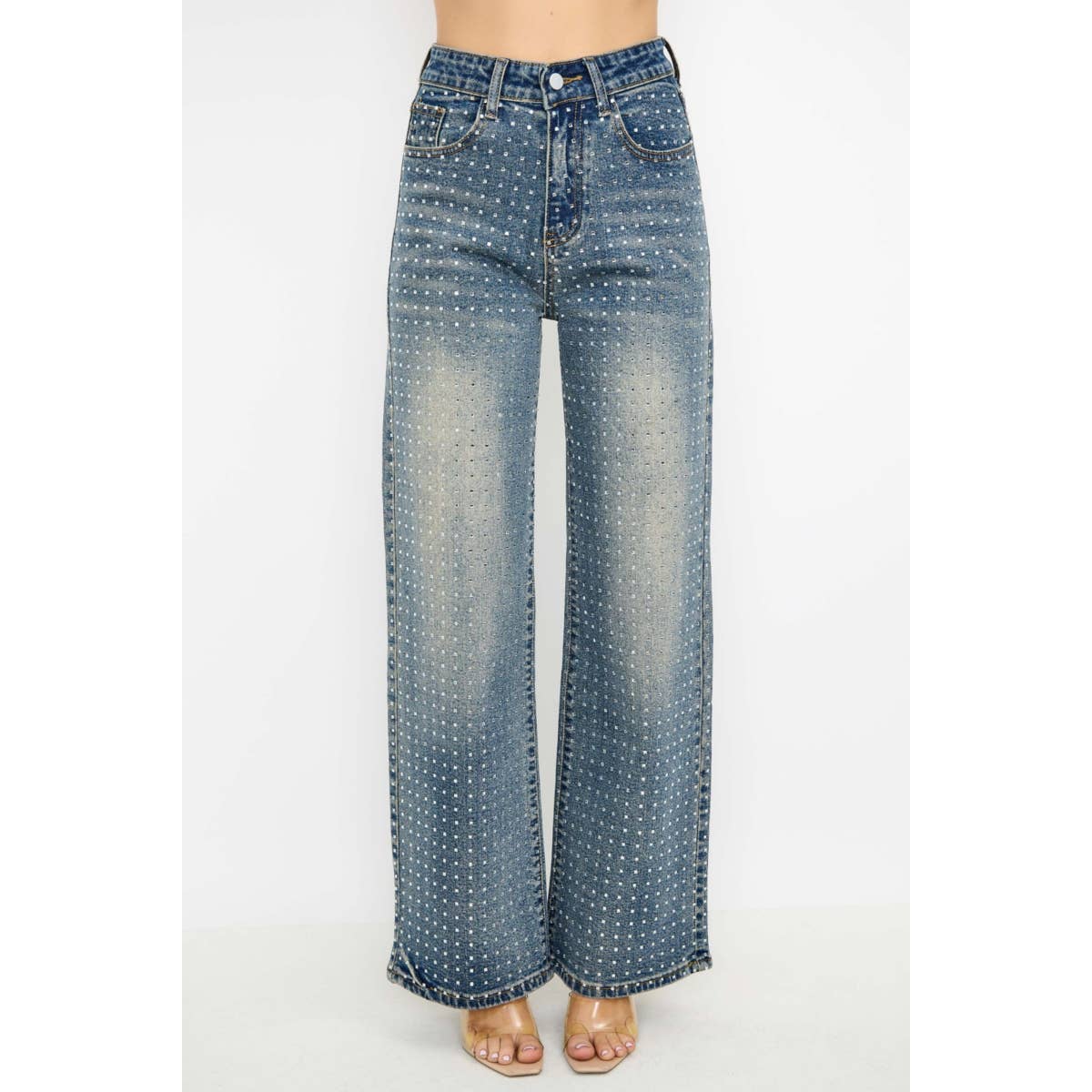 Rhinestone High Waisted Stretch Wide Leg Denim Pants
