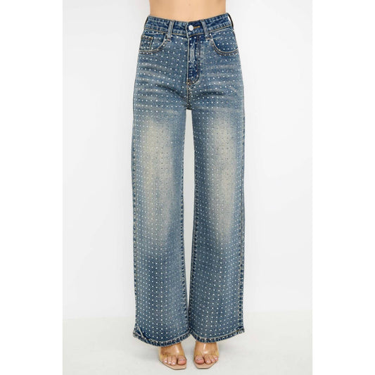 Rhinestone High Waisted Stretch Wide Leg Denim Pants