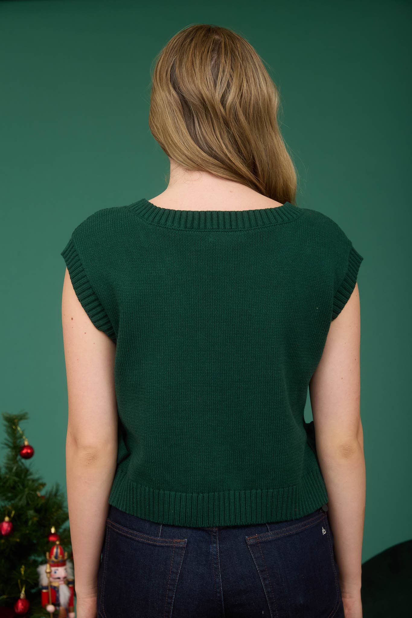 CABLE KNIT V NECK SIDE TIE SWEATER VEST GREEN