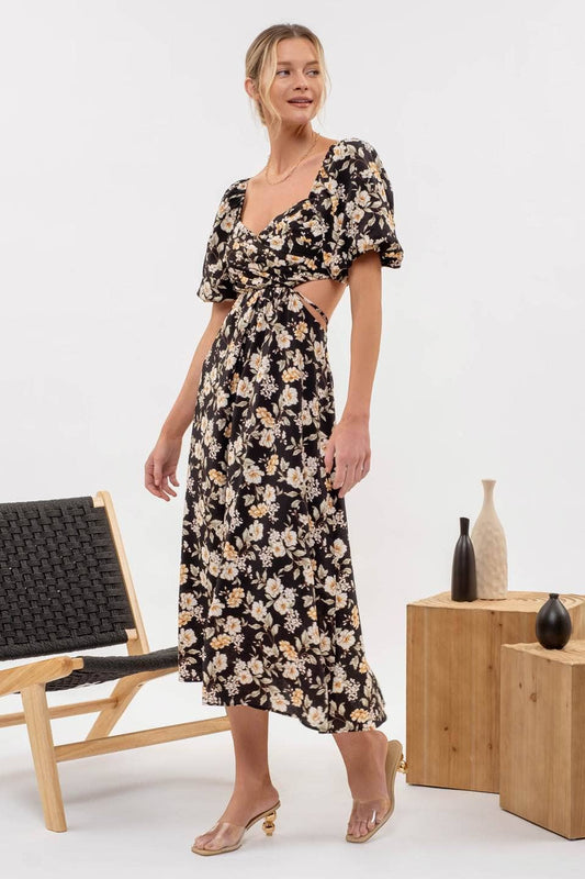 FLORAL PUFF SLEEVE DRESS: BLACK MULTI