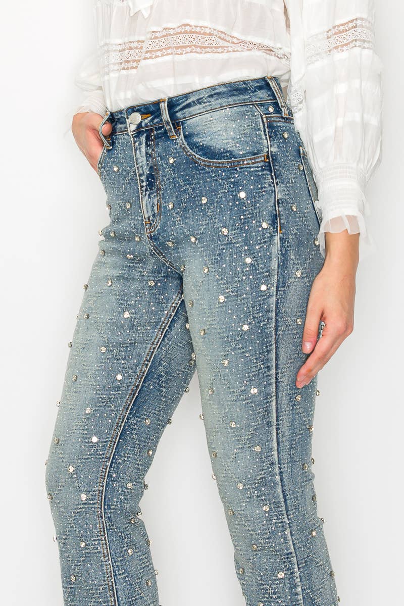 JEWEL EMBELLISHED ALL OVER RHINESTONE BOOTCUT JEANS