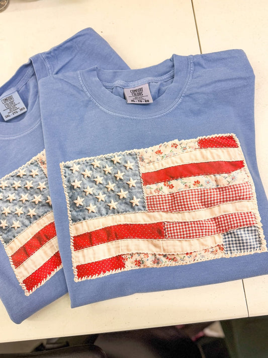 Faux Quilted American Flag Trendy 4th of July Comfort Colors Graphic Tee