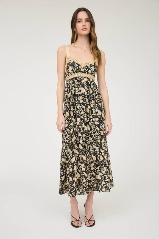 FLORAL LACE TRIM DRESS: BLACK MULTI