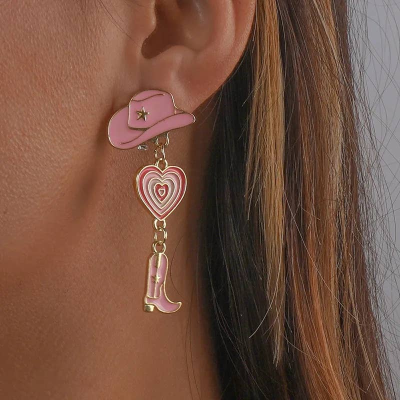 Cowboy Boot and Hat Earrings Pink