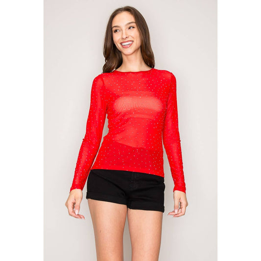 Rhinestone Embellished Mesh Top True Red