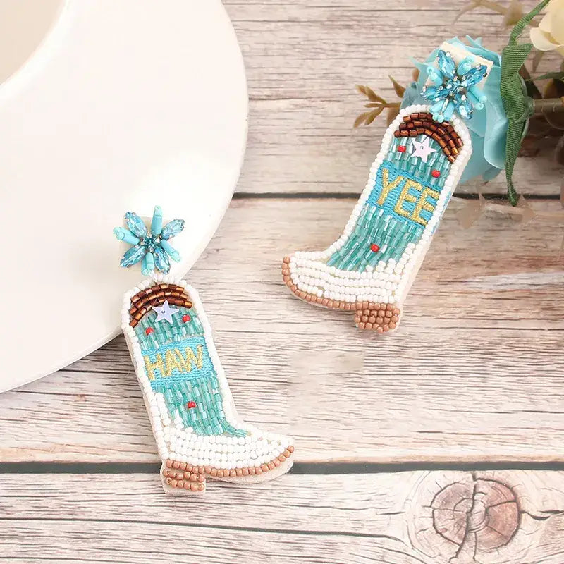 Cowboy Boots Beaded Embroidery Earrings