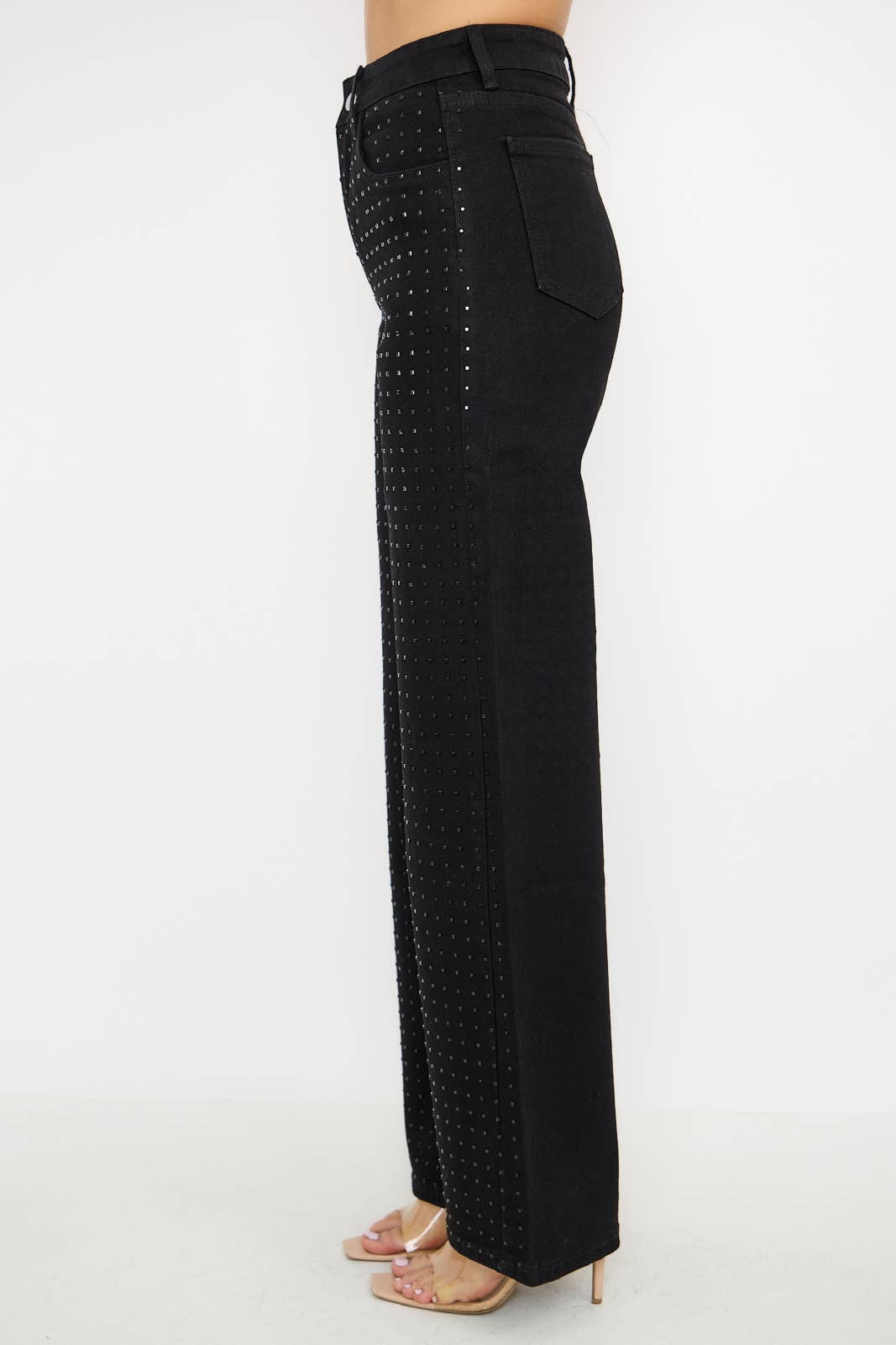 Rhinestone High Waisted Stretch Wide Leg Denim Pants