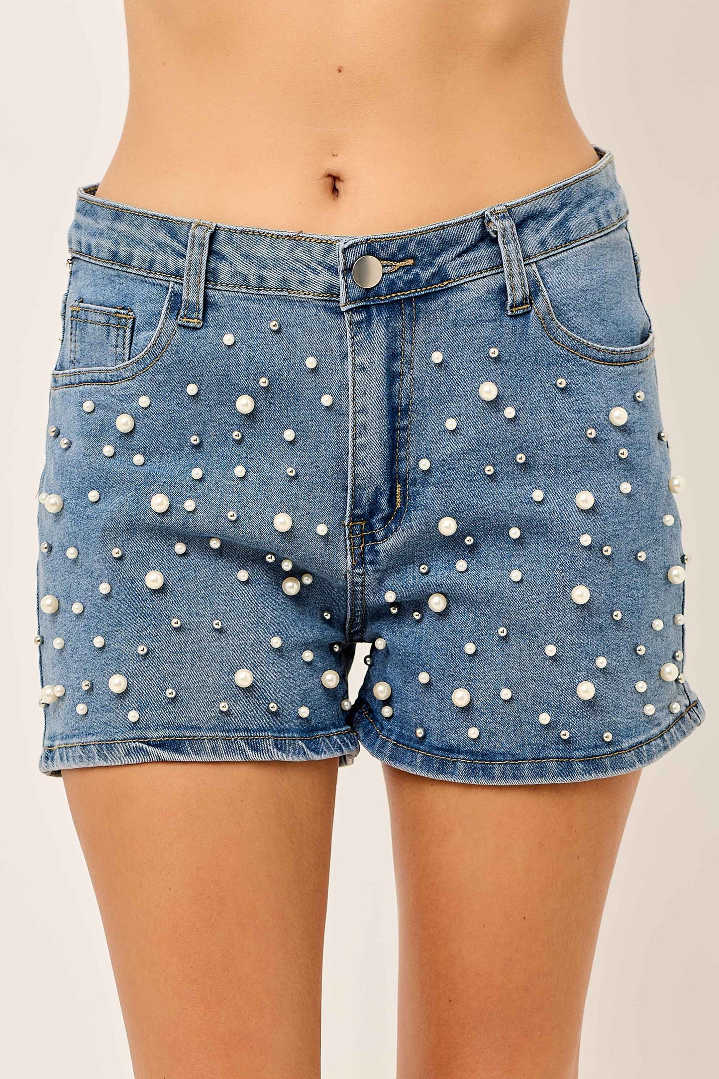 Faux pearl-studded Stretch Denim Shorts Light Denim