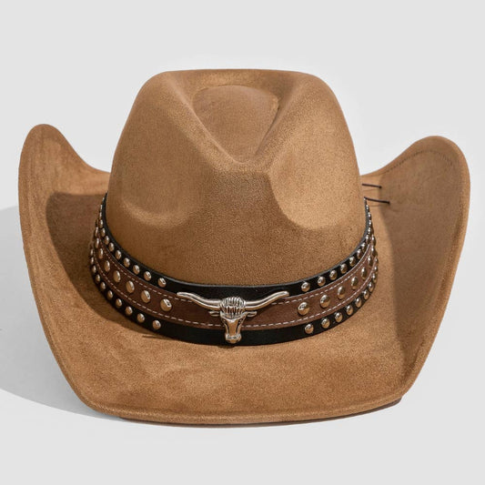Layered Western Bull Head Strap Cowboy Hat