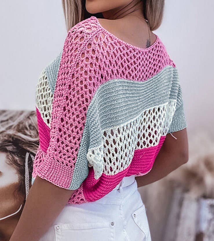 Colorblock Crochet Knit Top PINK