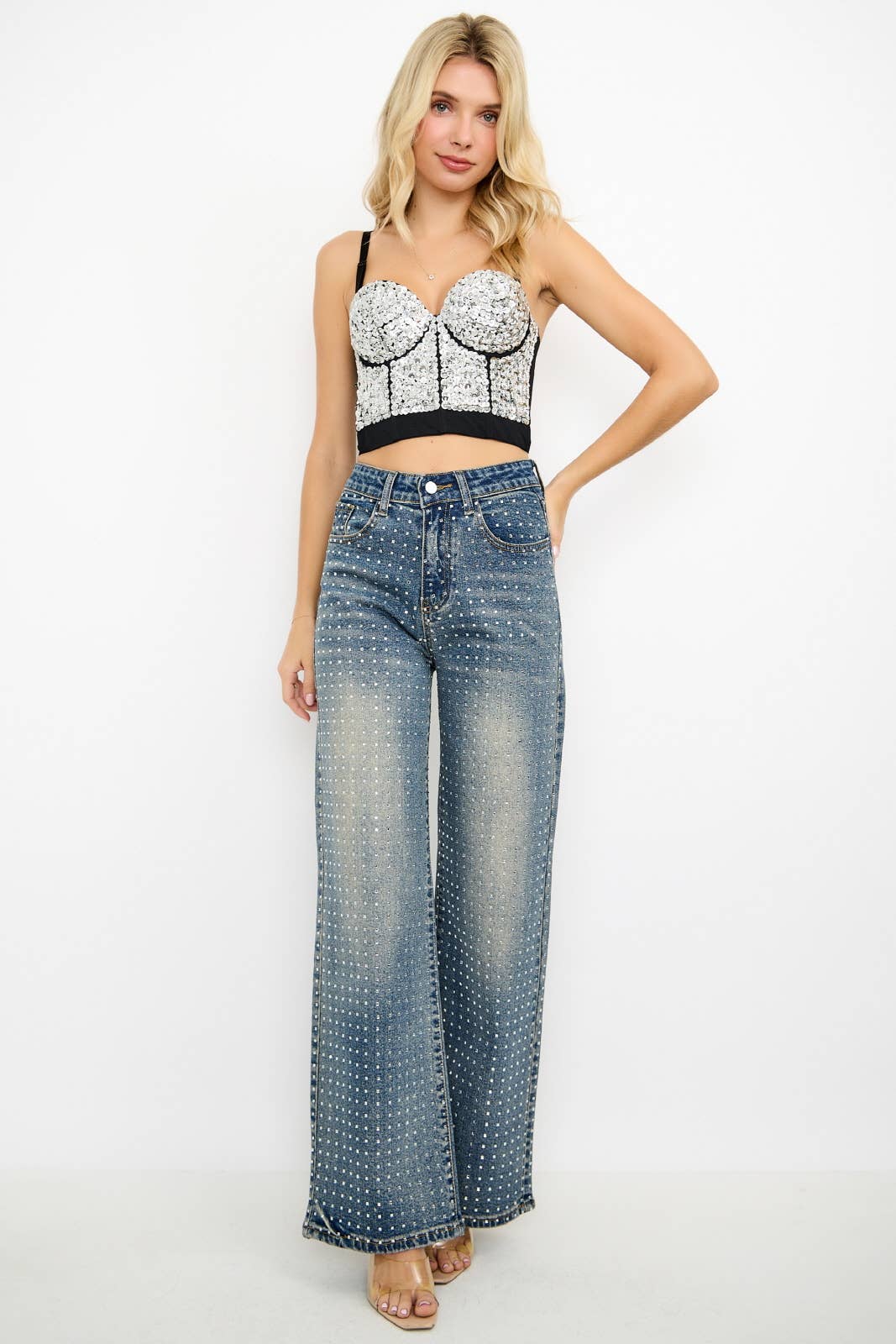 Rhinestone High Waisted Stretch Wide Leg Denim Pants
