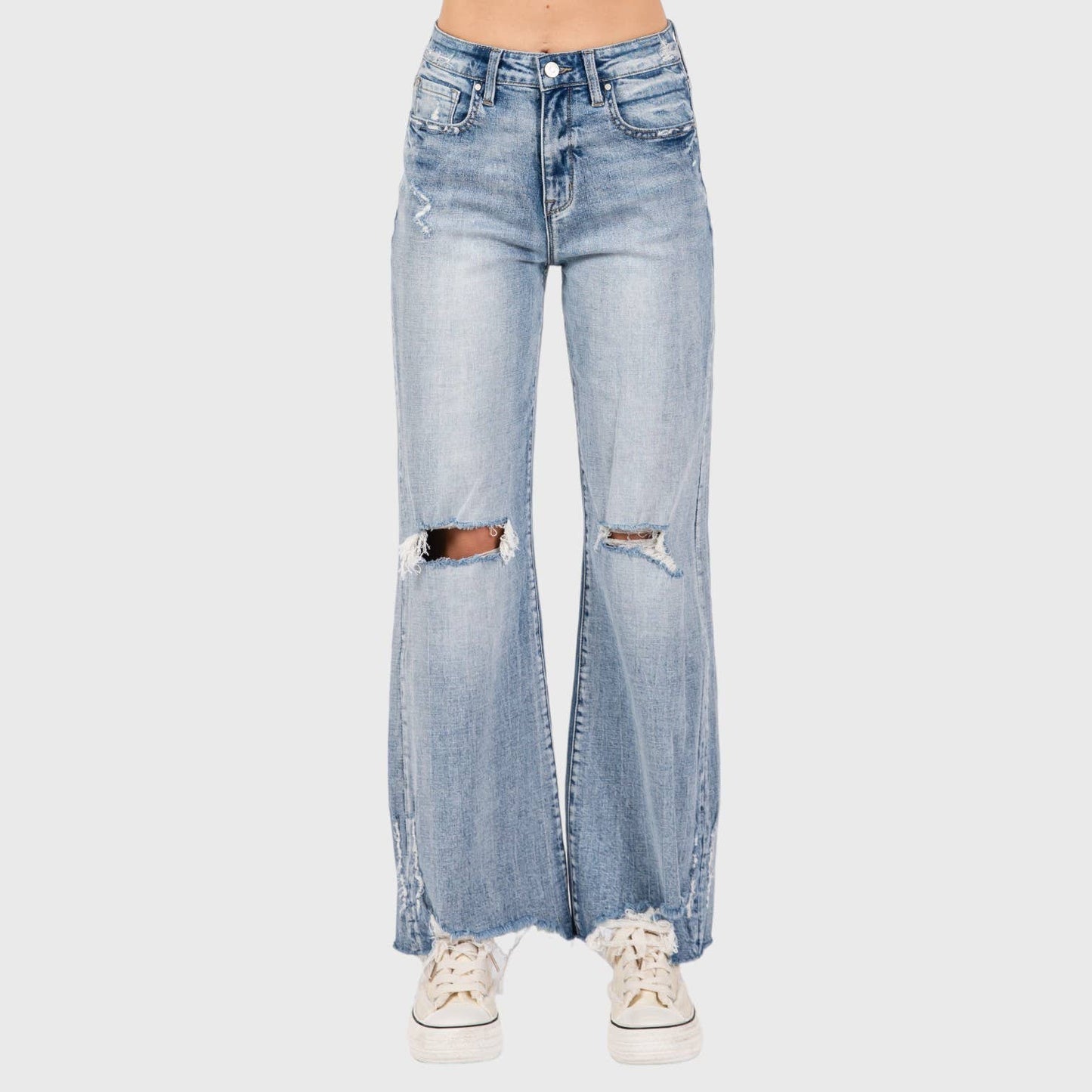 DISTRESSED HIGH RISE COMFORT JEANS