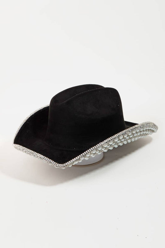 Pave Rhinestone Pearl Trim Cowboy Hat Black