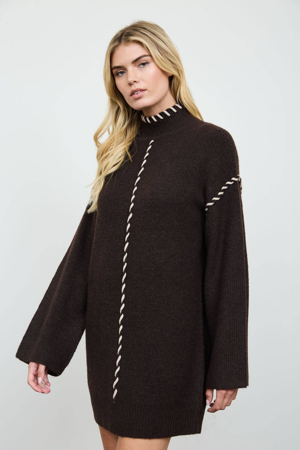 MOCK NECK SWEATER DRESS BROWN