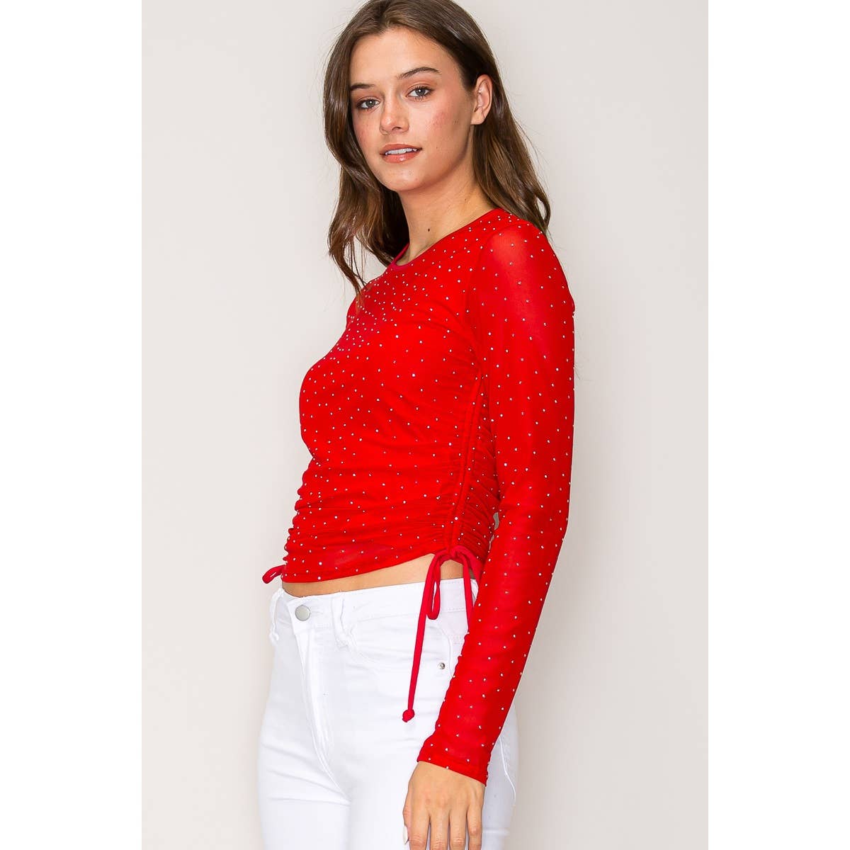 Rhinestone Drawstring Cinched Mesh Top Red