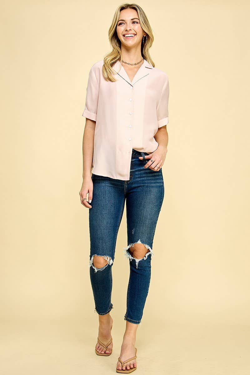 Blush Button-Down Blouse with Rolled Sleeves