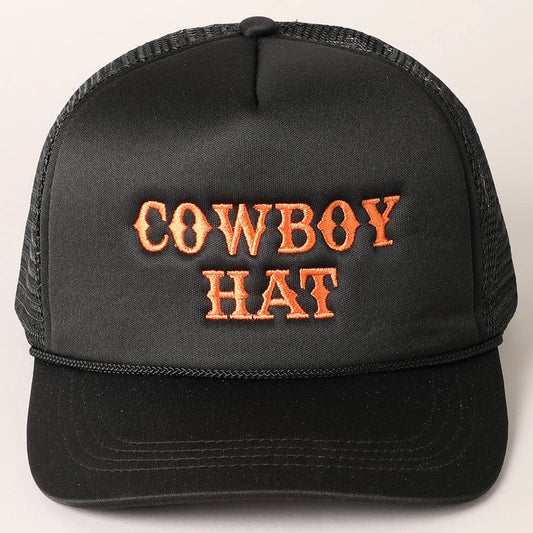 Cowboy Hat Embroidered Mesh Back Trucker Hat: BLACK