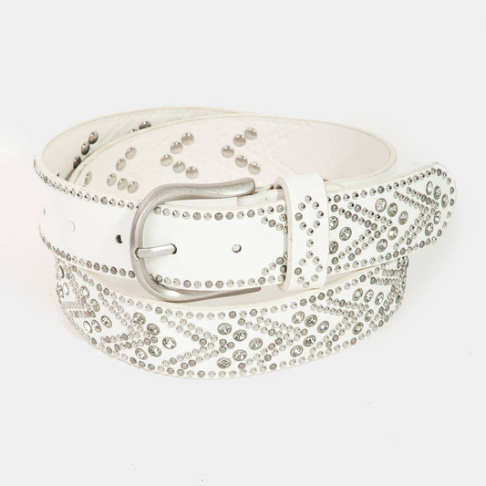 Rhinestone Metallic Studded Belt White