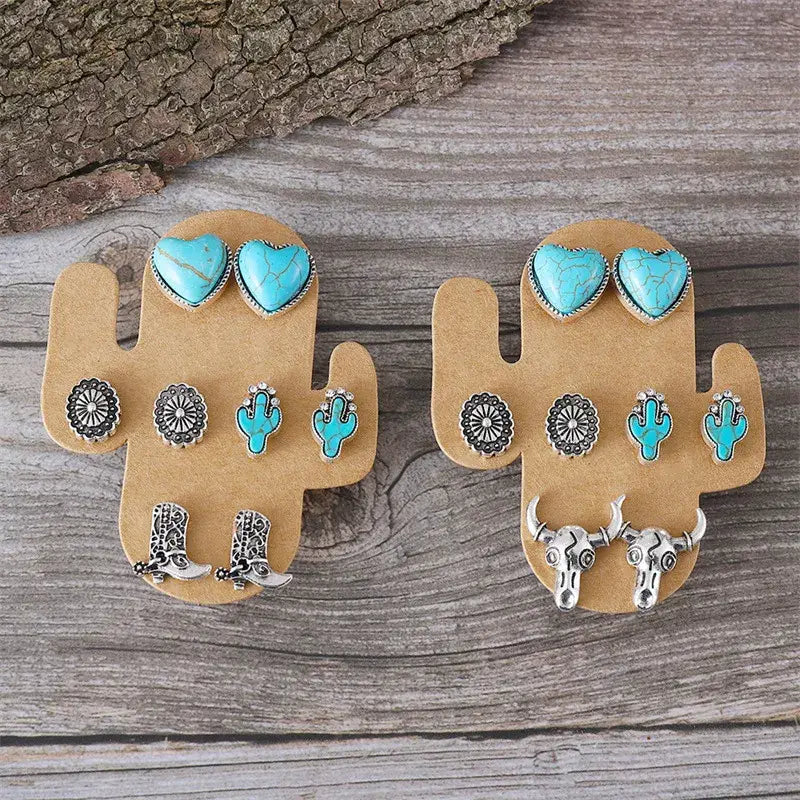 Set of 4 Turquoise Stud Earrings Western Theme: Steer