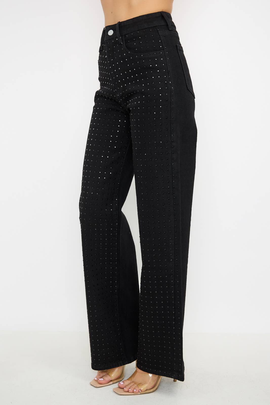 Rhinestone High Waisted Stretch Wide Leg Denim Pants