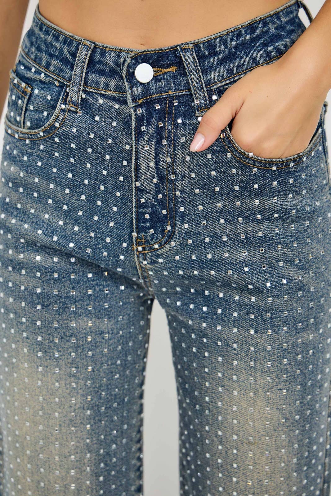 Rhinestone High Waisted Stretch Wide Leg Denim Pants