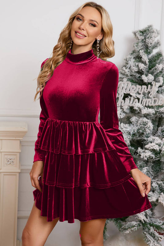 Velvet Ruffle Mini Dress Red