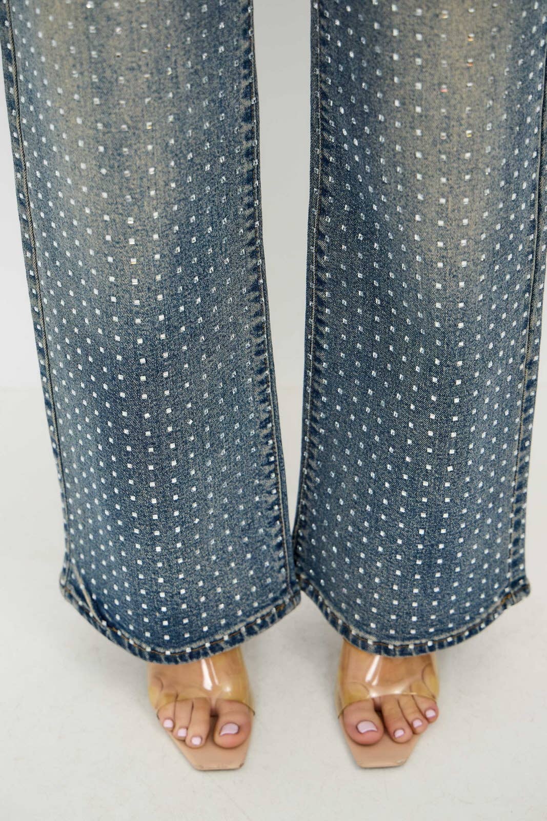 Rhinestone High Waisted Stretch Wide Leg Denim Pants
