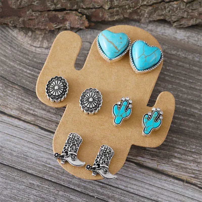 Set of 4 Turquoise Stud Earrings Western Theme: Steer