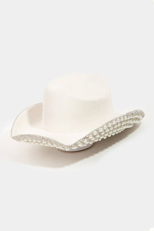 Pave Rhinestone Pearl Trim Cowboy Hat Ivory