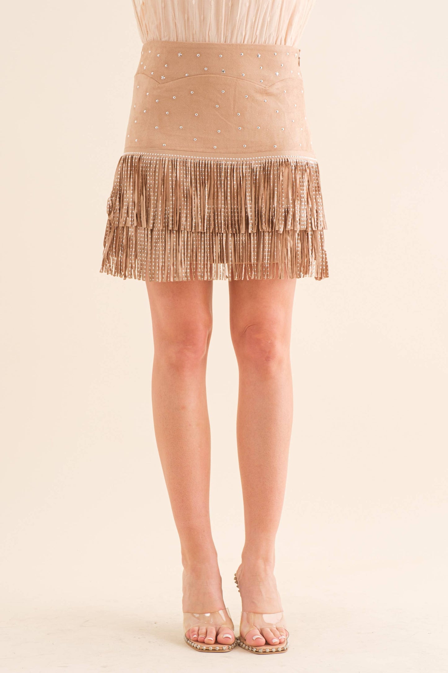 Suede Star Studded Fringe Skirt Tan