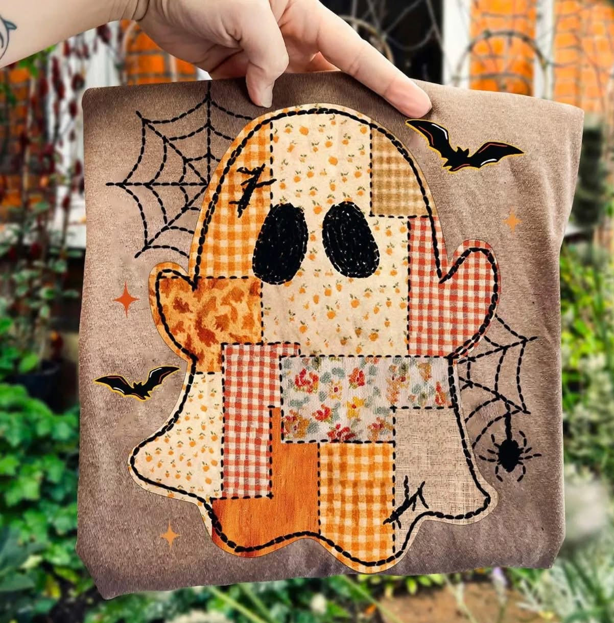 Patchwork Ghost Halloween Comfort Colors Graphic Tee