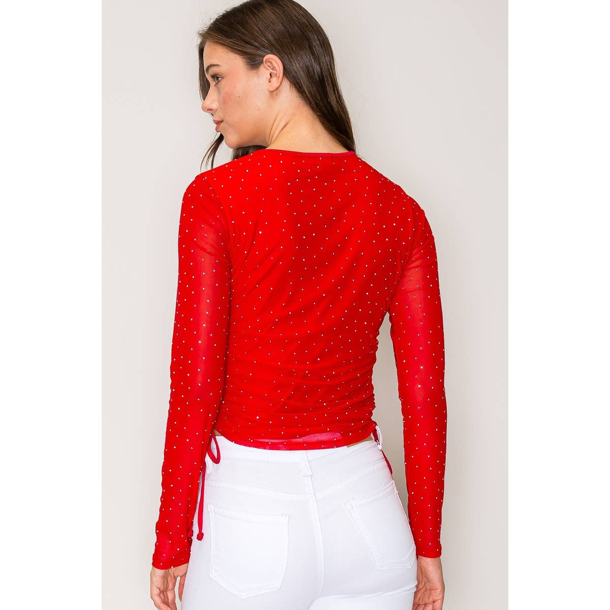 Rhinestone Drawstring Cinched Mesh Top Red