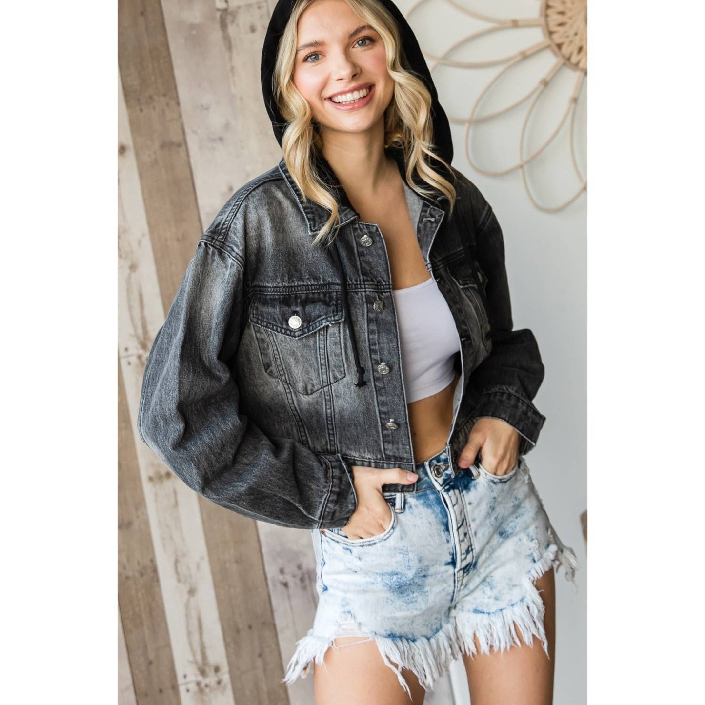 Washed Black Cropped Denim Hood Jacket: Black