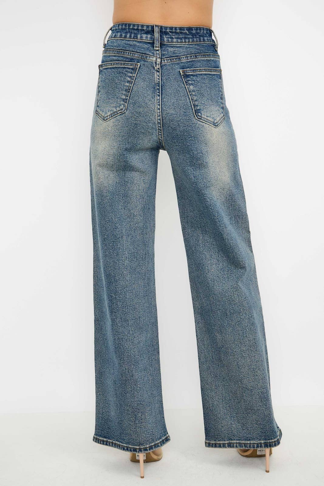 Rhinestone High Waisted Stretch Wide Leg Denim Pants