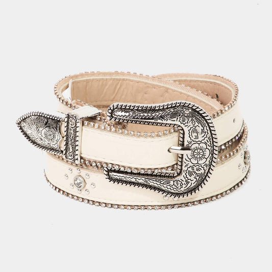 Rhinestone Studs Thin Faux Leather Belt Ivory