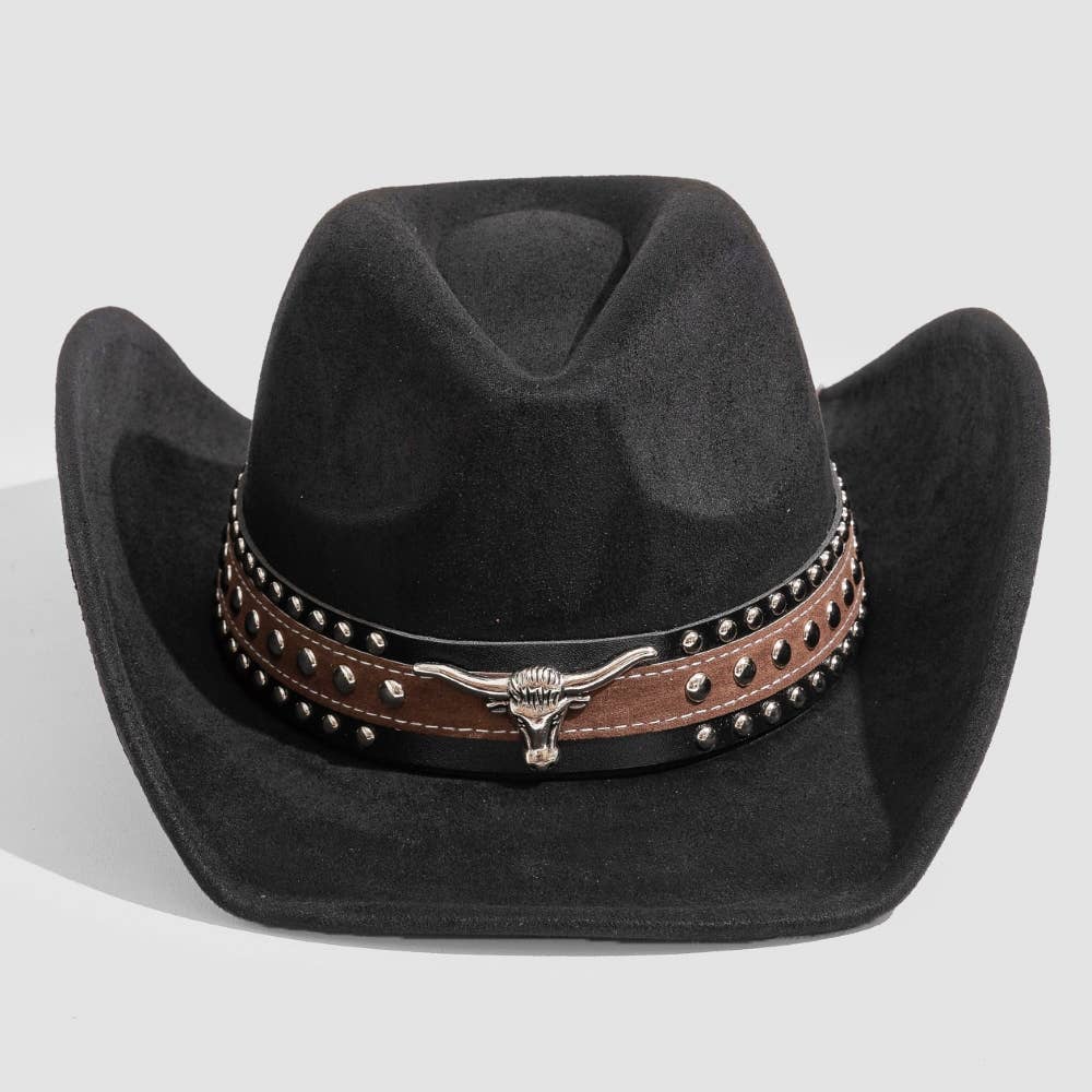 Layered Western Bull Head Strap Cowboy Hat