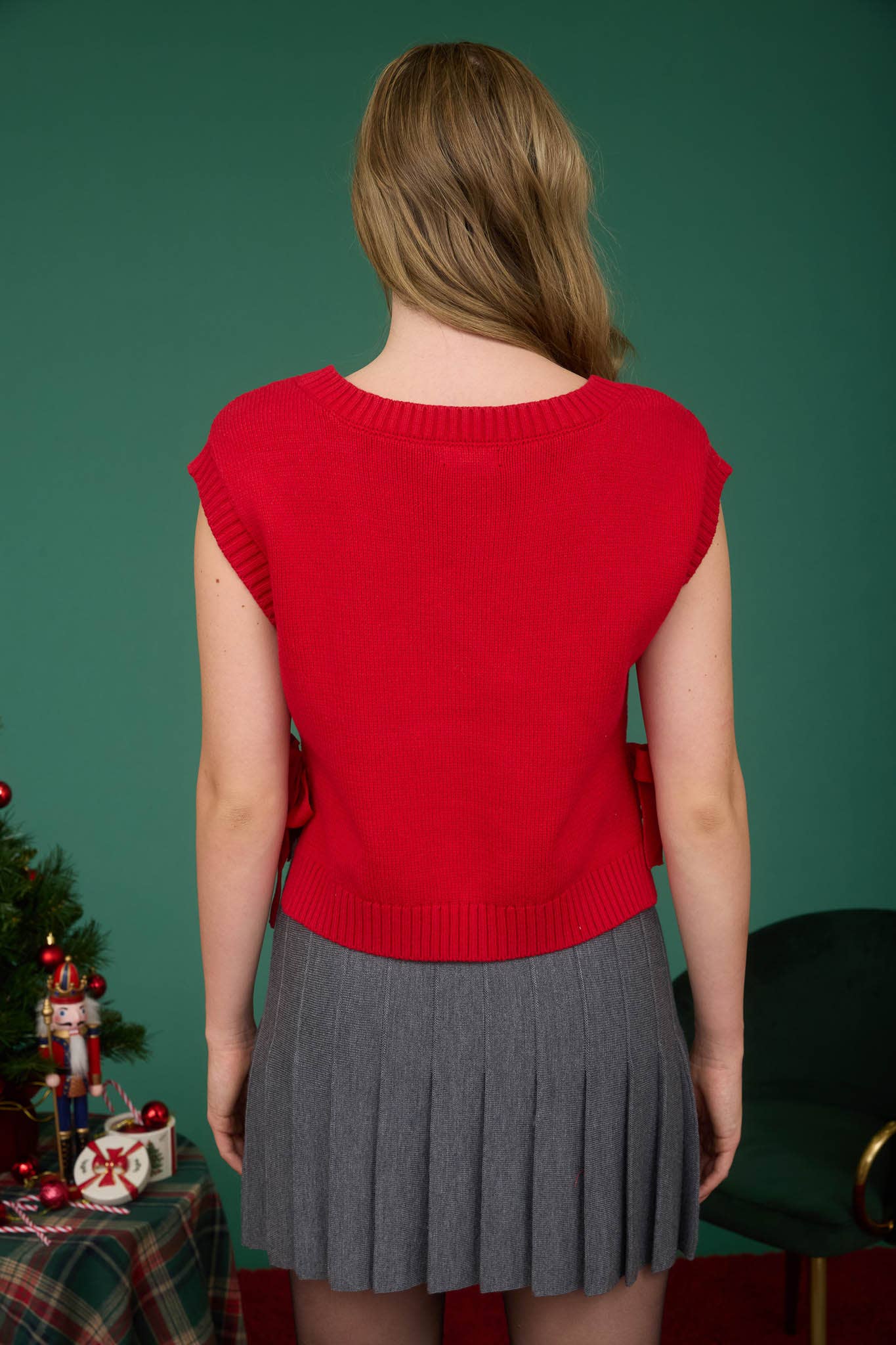 CABLE KNIT V NECK SIDE TIE SWEATER VEST GREEN