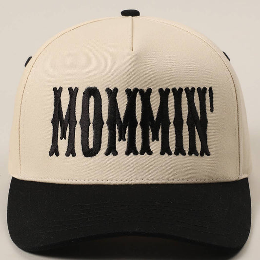 MOMMIN' Letter Embroidery Two-Tone Trucker Hat: Black