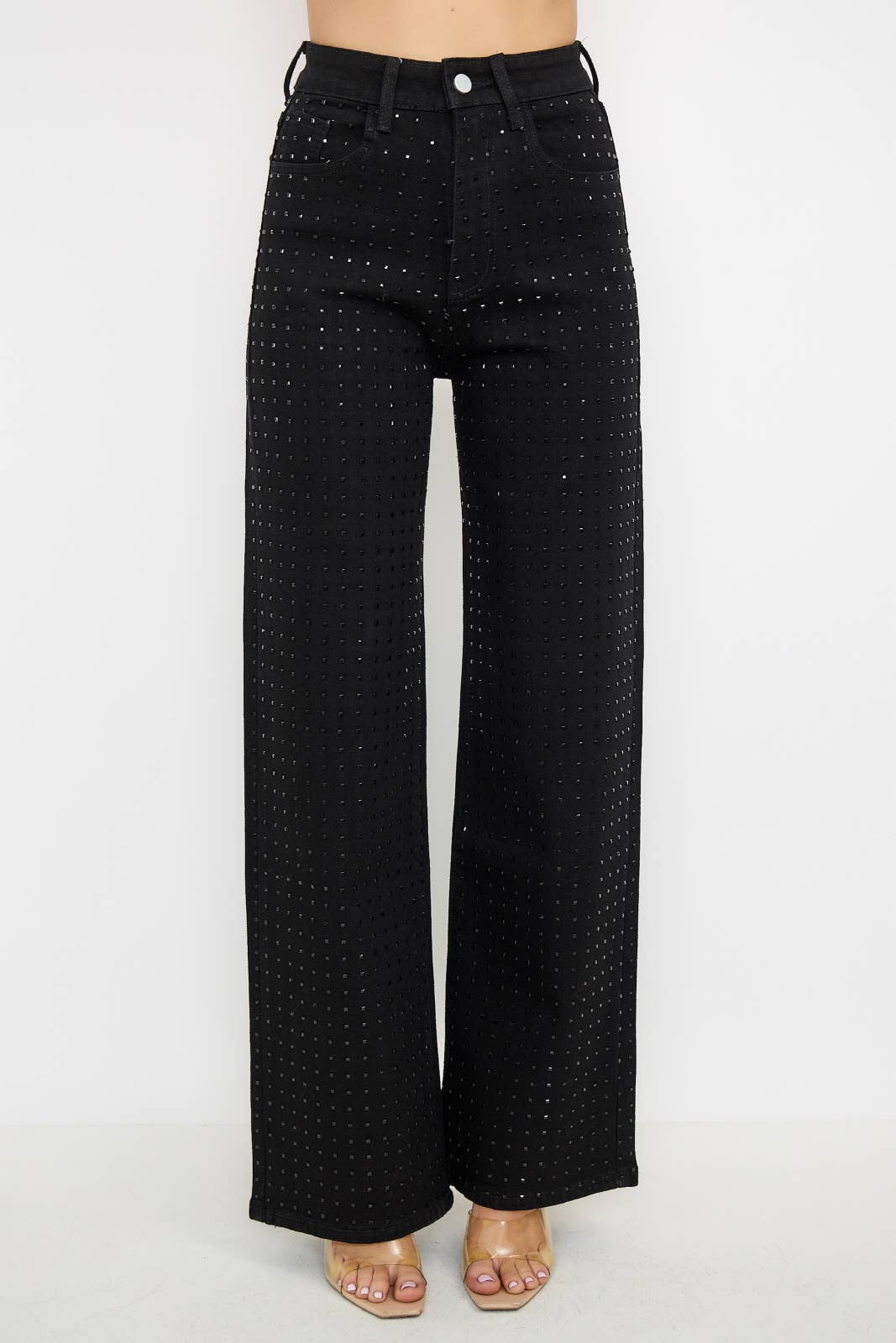 Rhinestone High Waisted Stretch Wide Leg Denim Pants