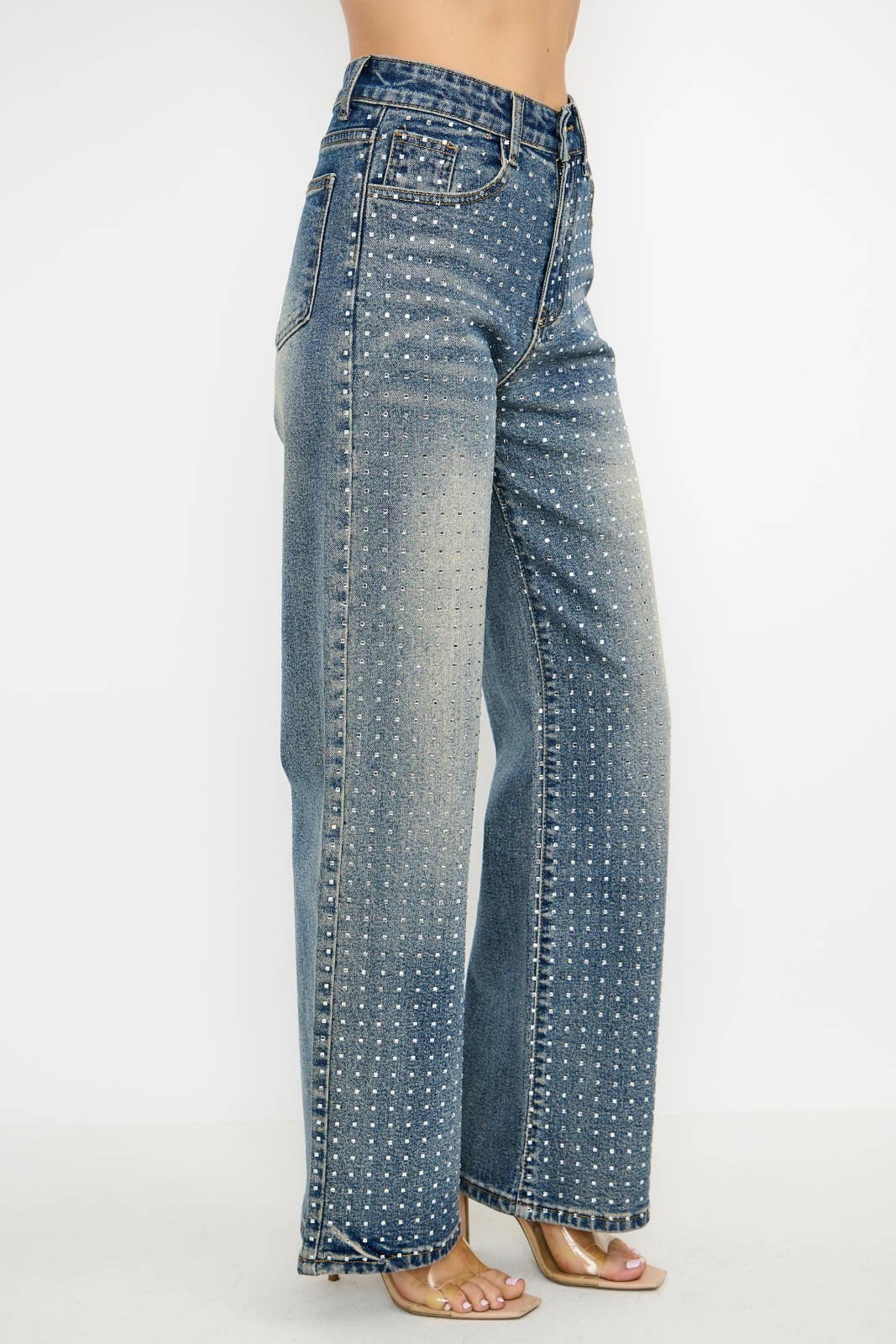 Rhinestone High Waisted Stretch Wide Leg Denim Pants