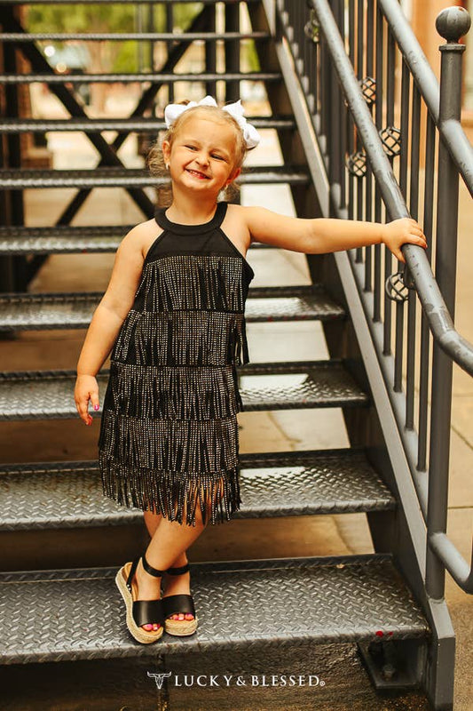 Girls Black Rhinestones Fringe Tier Dress