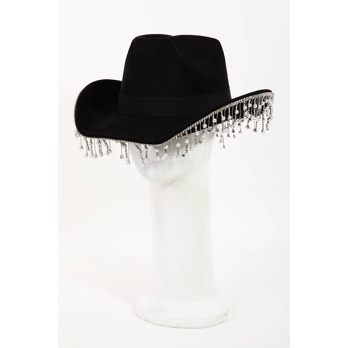 Pearl Rhinestone Fringe Trim Cowboy Hat Black